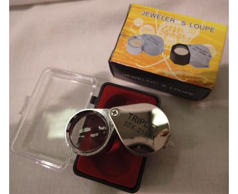New old stock stainless steel folding 30 x 21 mm jewellers loupe with case. P&amp;P Group 1 (£14+VAT for the first lot and £1