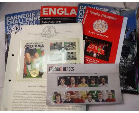 Football coin cover, football mint stamps and a small collection of football and rugby programmes. P&amp;P Group 1 (£14+VAT f