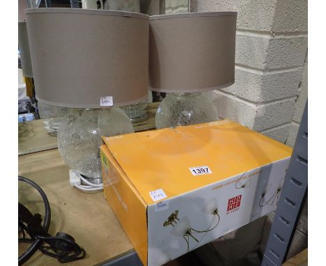 Modern ceiling light fitting and two glass side lamps. Not available for in-house P&amp;P, contact Paul O'Hea at Mailboxes on