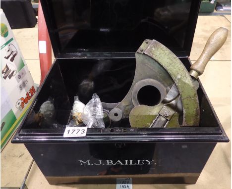 Painted metal box with a vintage bending tool, H: 35 x 20 x 25 cm. Not available for in-house P&amp;P, contact Paul O'Hea at 