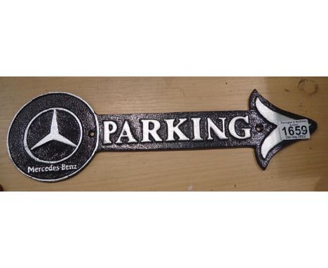 Cast iron Mercedes parking arrow sign, 45 x 15 cm. P&amp;P Group 2 (£18+VAT for the first lot and £3+VAT for subsequent lots)