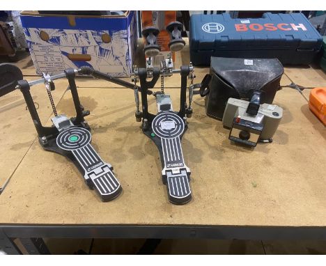Cased Polaroid Swinger 2 camera and two drum pedals. Not available for in-house P&amp;P, contact Paul O'Hea at Mailboxes on 0