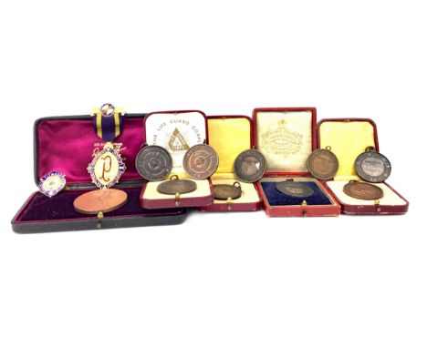 TWO SILVER MASONIC MEDALS, along with a R. O. A. B. medal, an Oddfellow medal, nine Life Saving medals and a small group of m