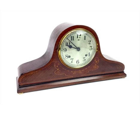 EDWARDIAN MAHOGANY MANTEL CLOCK, two train eight day movement by W. Gilbert, silvered dial with Arabic numerals, inlaid mahog