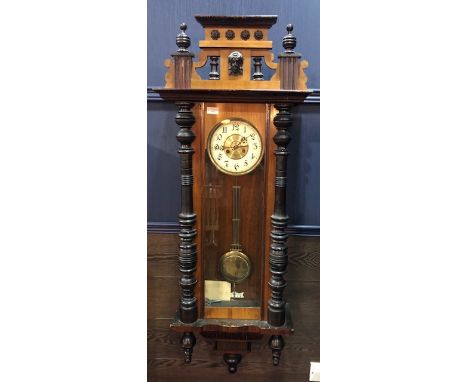 EARLY 20TH CENTURY VIENNA WALL CLOCK, with two train eight day movement, the brass dial with white enamel Arabic numeral chap