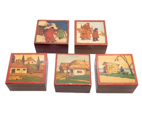 Folk Art: Five early to mid 20th century (1910-1940) Russian Kustar style square shaped trinket boxes, all of same proportion