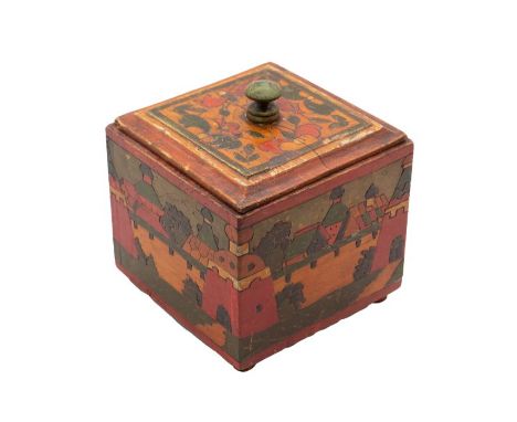 Folk Art: An early to mid 20th century (circa 1910-1940) cube shaped Russian Kustar style painted wooden tea caddy with elabo