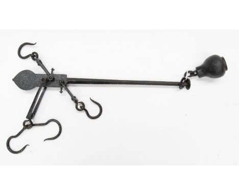 A set of sprayed iron butchers scales, with hooks and weight. (1)