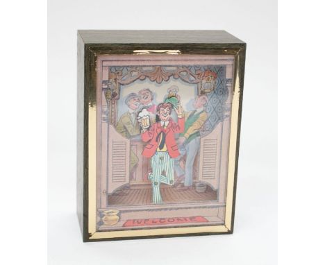 A vintage musical automaton incorporating a bar room scene with a dancing man holding a beer glass. Swiss movement "Baril de 
