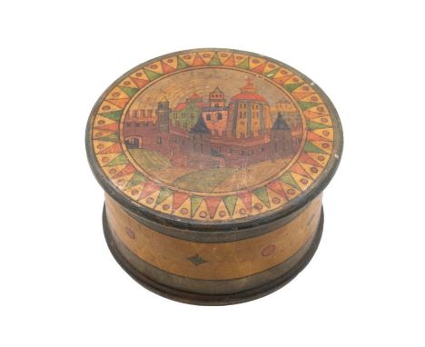 Folk Art: A early to mid 20th century (circa 1910-1940) circular Russian Kustar style wooden trinket box of round form with d
