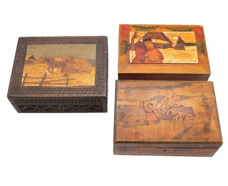 Folk Art: Three early to mid 20th century (1910-1940) Russian Kustar style rectangular painted wooden boxes to include; a car