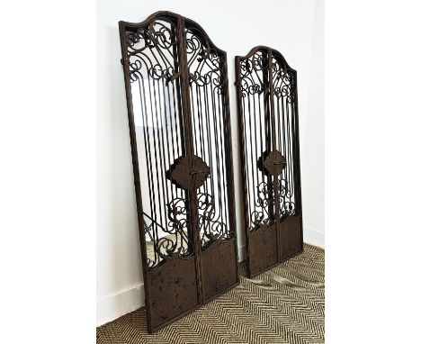 ARCHITECTURAL WALL MIRRORS, a pair, metal garden gate frames, 151cm H x 60cm W. (2)