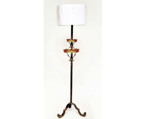STANDARD LAMP, late 19th/early 20th century wrought iron and parcel gilt with twisted column and scroll detail with shade (un