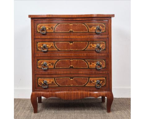 COMMODE, Continental style marquetry with four shaped drawers, 92cm H x 80cm x 41cm.
