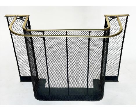 NURSERY FENDER, Victorian wrought iron, mesh and brass bound with additional brass rail and of stepped form, 76cm H x 107cm W