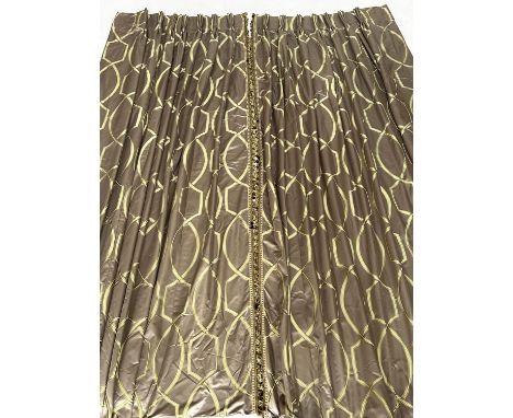 CURTAINS, a pair, double sided and interlined taupe silk and trellis, interwoven with tassel contrast trim, each curtain 270c