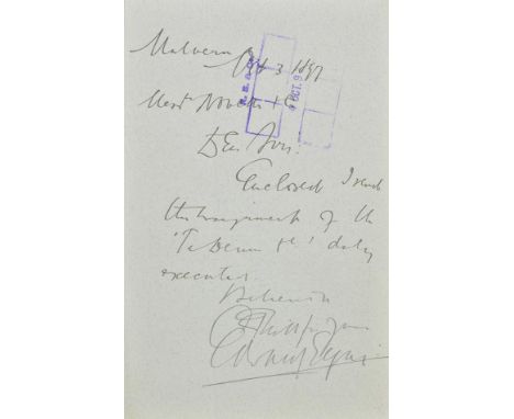 *Elgar (Edward, 1857-1934). Autograph letter signed 'Edward Elgar', Malvern, 3 October 1897,  to Novello & Co., a brief note,