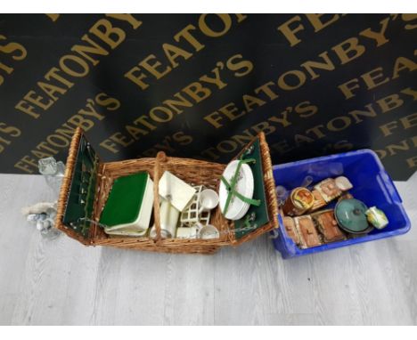 EAST GERMAN POTTERY FIGURE OF A COUPLE, THE BREXTON COLLECTION PICNIC BASKET SET, COTTAGE WARE AND MODERN CRYSTAL DECANTER