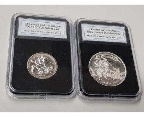 2 SILVER GEORGE AND THE DRAGON COIN SET INCLUDING UK 2013 20 POUND AND A CANADA 2014 5 DOLLAR COIN BOTH PURE SILVER IN DISPLA