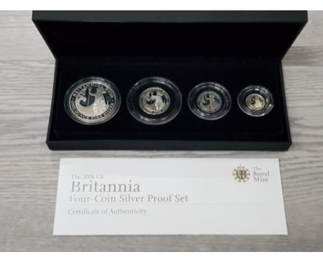 UK ROYAL MINT 2008 BRITANNIA 4 COIN SILVER PROOF SET OF COINS IN CASE OF ISSUE WITH CERTIFICATE