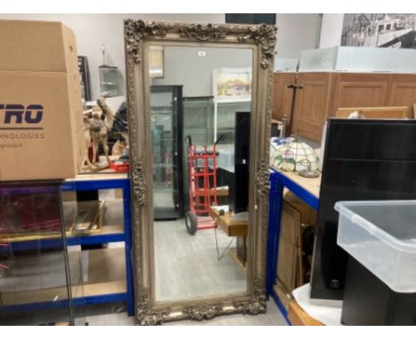 A LARGE MODERN BEVELLED WALL MIRROR WITH SILVER ORNATE FRAME 172 X 85CM