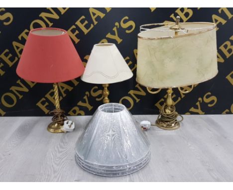 3 BRASS TABLE LAMPS TOGETHER WITH 4 NEW SILVERED LAMP SHADES