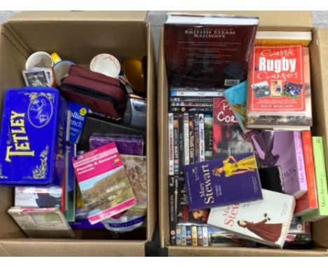 2 BOXES OF DVDS, CDS, BOOKS AND ORDNANCE SURVEY MAPS ETC