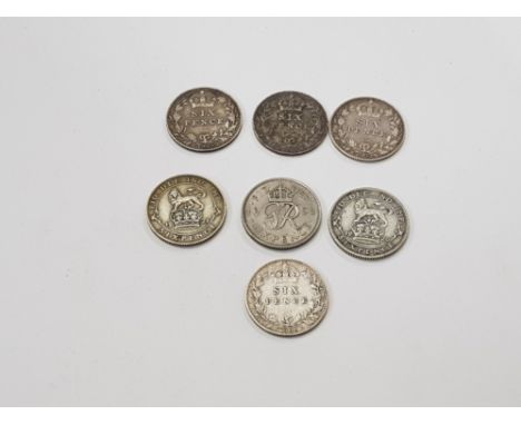 COLLECTION OF 6 SILVER 6D COINS WITH DATES SUCH AS 2X 1902, 1909, 1910, 1920 AND 1921