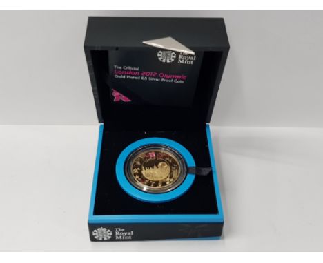 ROYAL MINT UK 2012 OLYMPICS 5 POUNDS GOLD PLATED SILVER PROOF COIN IN OFFICIAL CASE OF ISSUE WITH CERTIFICATE