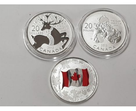 3 CANADIAN COINS INCLUDING 2012 AND 2013 20 DOLLARS CHRISTMAS AND 2015 25 DOLLAR CANADIAN FLAG, ALL PURE SILVER AND A FACE VA