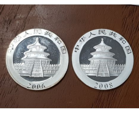 2 SILVER PROOF ONE OUNCE COINS, CHINA 2006 AND 2008 PANDAS, BOTH IN CAPSULES