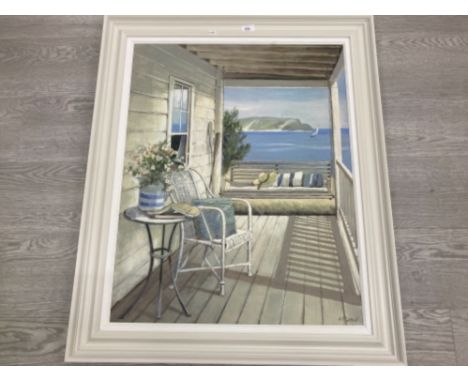 AN OLEOGRAPH AFTER ADELENE FLETCHER VERANDA WITH SEA BEYOND 76 X 59.5CM