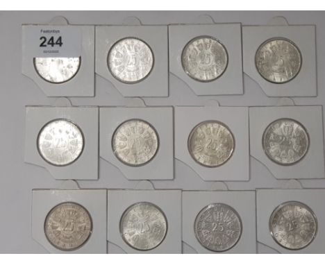 12 AUSTRIA 25 SCHILLING SILVER COINS FROM 1955 TO 1966