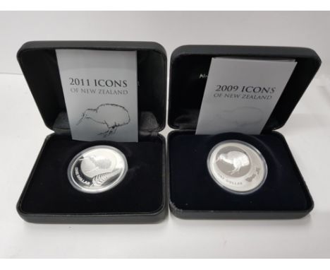 2 NEW ZEALAND SILVER PROOF ONE OUNCE COINS FOR 2009 AND 2011 BOTH IN ORIGINAL CASES WITH SLIP COVERS AND CERTIFICATES