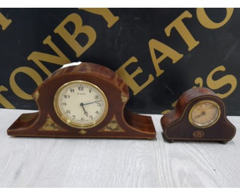 ART NOUVEAU 8 DAY INLAID MANTLE CLOCK IN MAHOGANY WITH SIMILAR SMALLER ONE