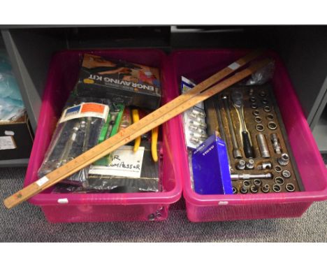Two large boxes containing various tools, to include a 9 piece wobble extension bar set, a Stahl Wille spanner set, a Volvo m