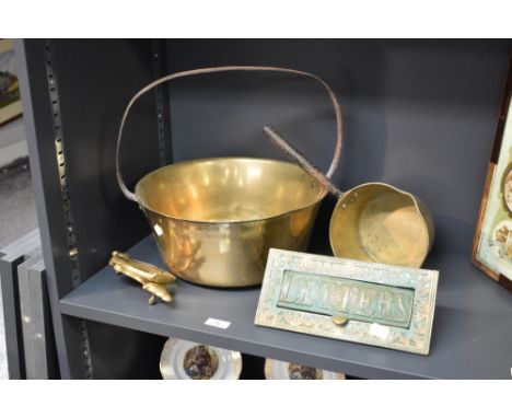 A late 19th /early 20th century brass letter box, inscribed 'LETTERS' to the front, w25cm, sole together with a jam pan, door