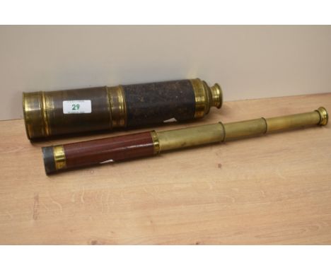 A 19th century brass and leather marine four-draw telescope, extending to 100cm, sold together with smaller telescope, extend