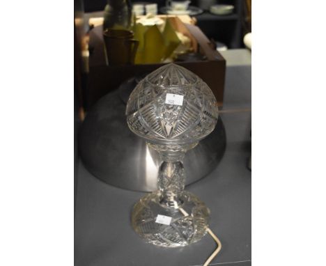 A mid-century crystal cut mushroom table lamp, h31cm, sold together with a large metal industrial style lamp shade, w32cm
