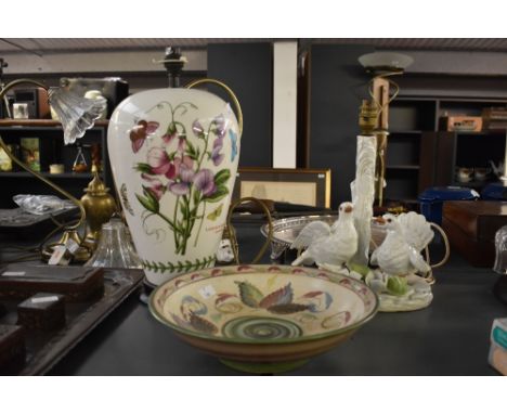 An attractive vintage Jaffe Hose ceramic table lamp, depicting two doves among lilies, hand coloured, paper label to base, h3