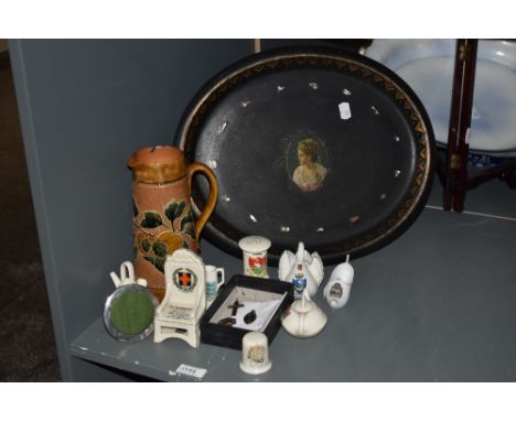 A mixed lot including a paper-mache tray with Mother of Pearl inlays, a Royal Doulton stoneware ewer stamped BB4 to underneat