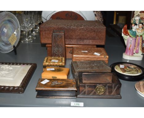 A selection of early 20th century trinket boxes, to include a Burns Monument Mauchline ware box, an Indian wooden inlay box, 