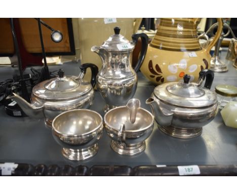 An attractive Mappin and Webb silver plated part tea service, comprising of coffee pot, h23cm, two tea pots, sugar bowl and m