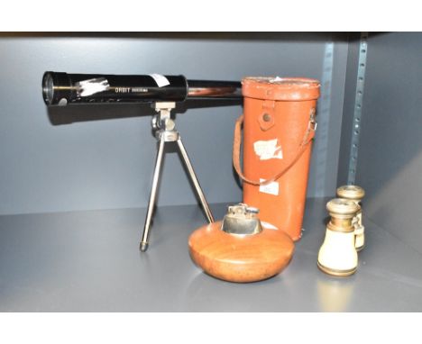 A vintage Tasco 'Orbit 30x30mm' miniature telescope on tripod legs and leather carry case, h19cm, sold together with a pair o