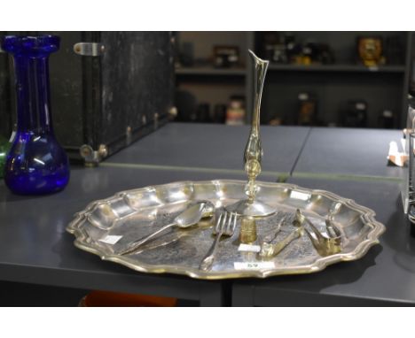 A silver plated serving tray of Chippendale in floral design, w32cm, sold together with a silver plated spoon, match box, sug