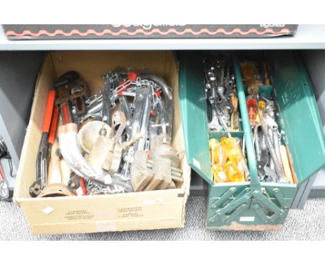 A green metal heavy duty cantilever tool box, labelled C.K, No 1601, W.Germany, inside containing various screwdrivers, spann