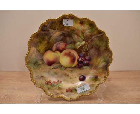 A Royal Worcester handpainted porcelain plate, painted with fallen cherries and peaches against a mossy background, gilt shap