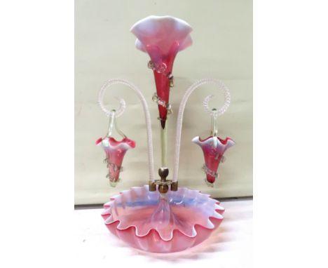 A 19th century trumpet and fluted pink glass epergne with two glass hanging flutes, approx 40cm tall, no visible damage