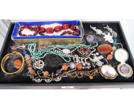 A group of silver and costume jewellery incluidng vintage paste, Scottish brooch set with hardstone, hardstone necklace, a si