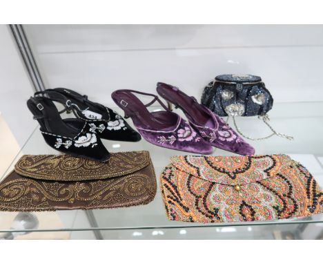 A group of beaded evening bags comprising Odette Antique Mallorcan embroidered Paisley shawl bag, another in brown satin, app